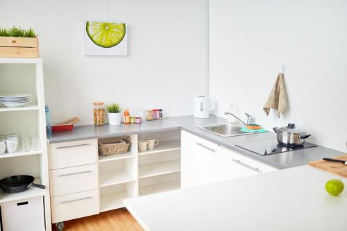 modern home kitchen interior with food on table